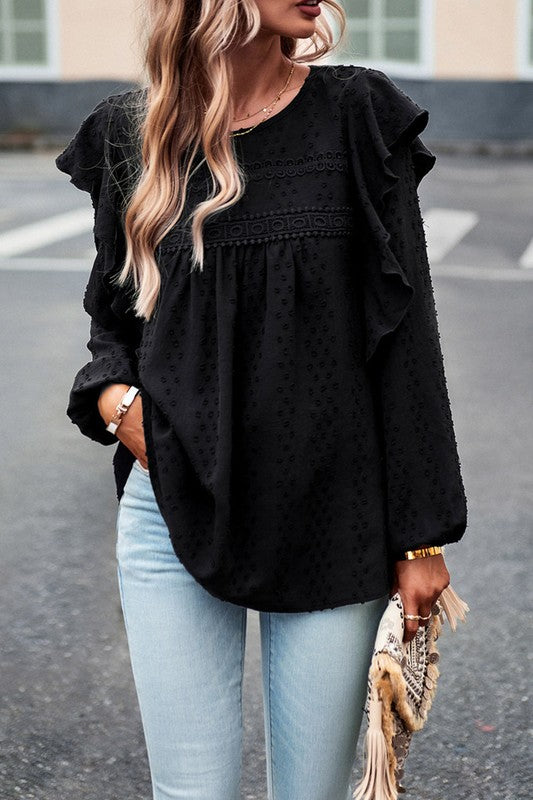 Lace Eyelet Ruffle Shoulder Long Sleeve Blouse