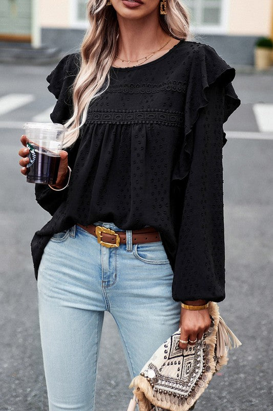 Lace Eyelet Ruffle Shoulder Long Sleeve Blouse