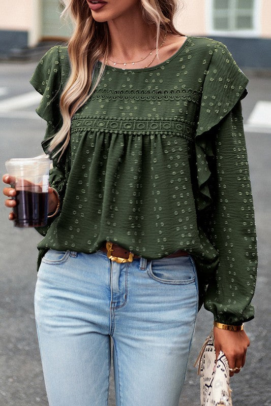 Lace Eyelet Ruffle Shoulder Long Sleeve Blouse