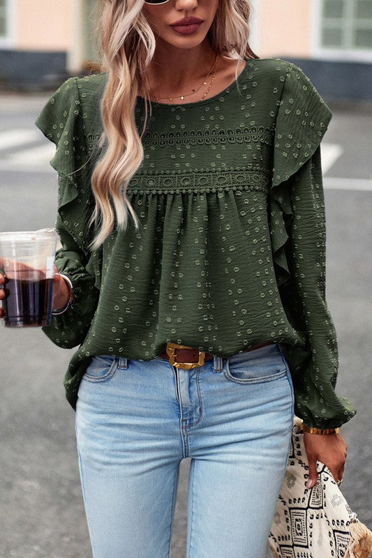 Lace Eyelet Ruffle Shoulder Long Sleeve Blouse