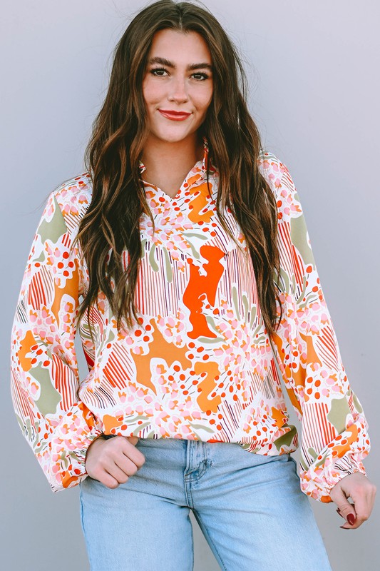 Orange Printed Split V Neck Puff Sleeve Blouse