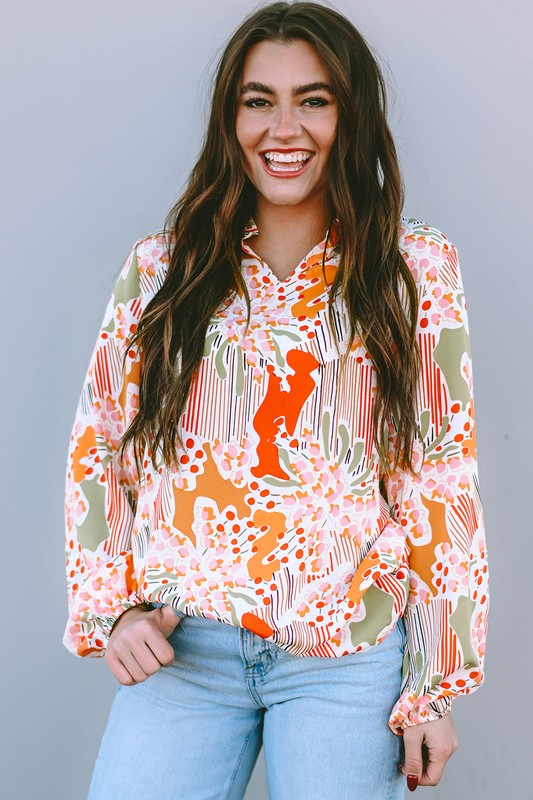 Orange Printed Split V Neck Puff Sleeve Blouse