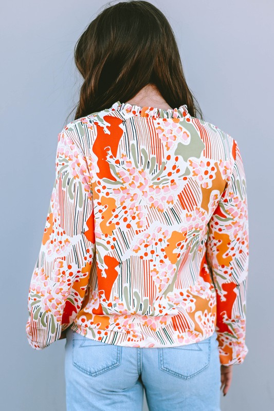 Orange Printed Split V Neck Puff Sleeve Blouse