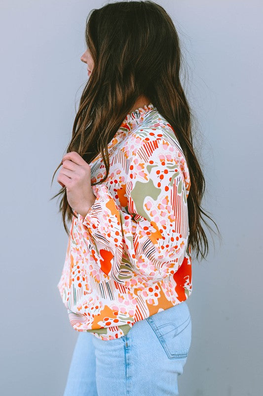 Orange Printed Split V Neck Puff Sleeve Blouse