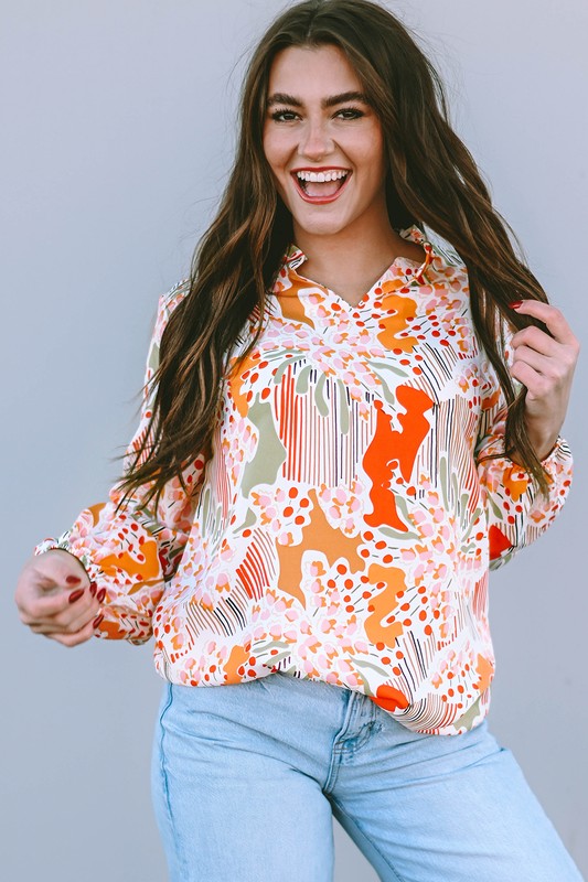 Orange Printed Split V Neck Puff Sleeve Blouse