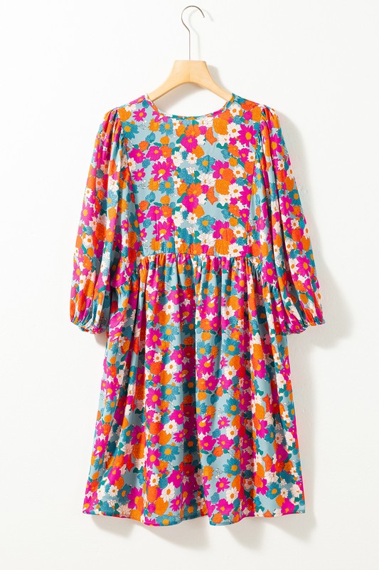 Boho Floral V Neck Lantern Sleeve Babydoll Dress