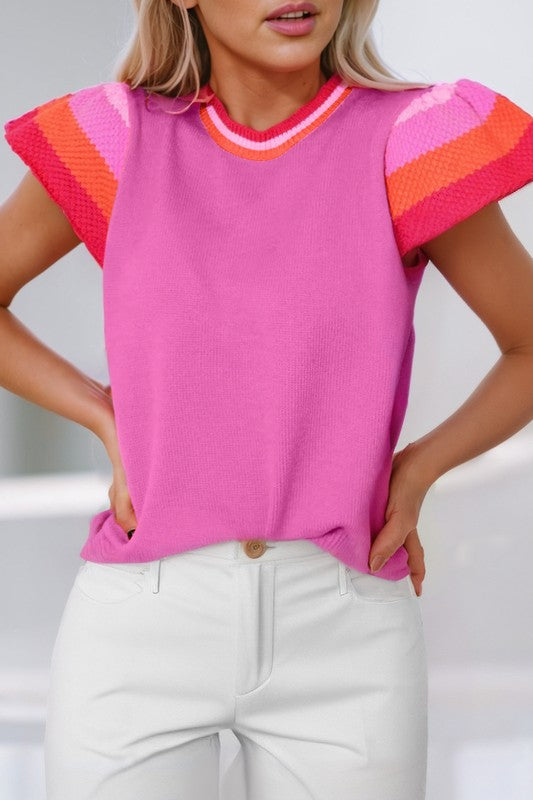 Knitted Contrast Sleeve Round Neck Tee