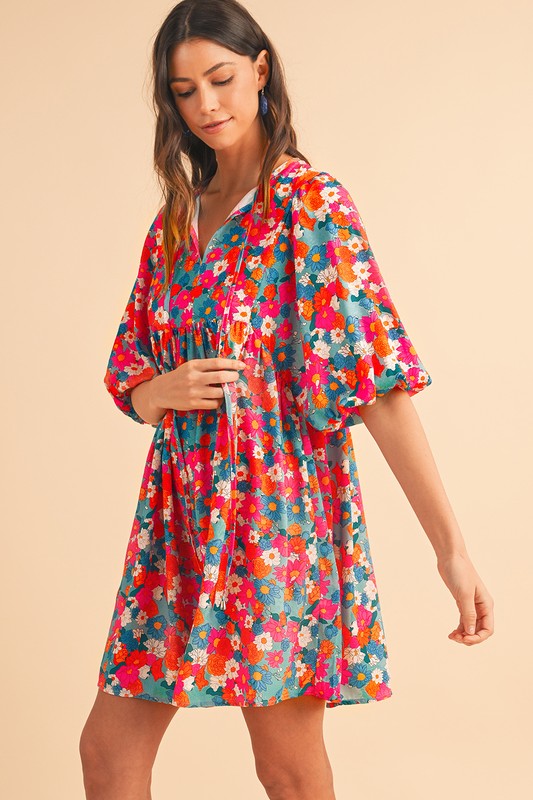 Floral Tie Split Neck Bubble Sleeve Babydoll Dress