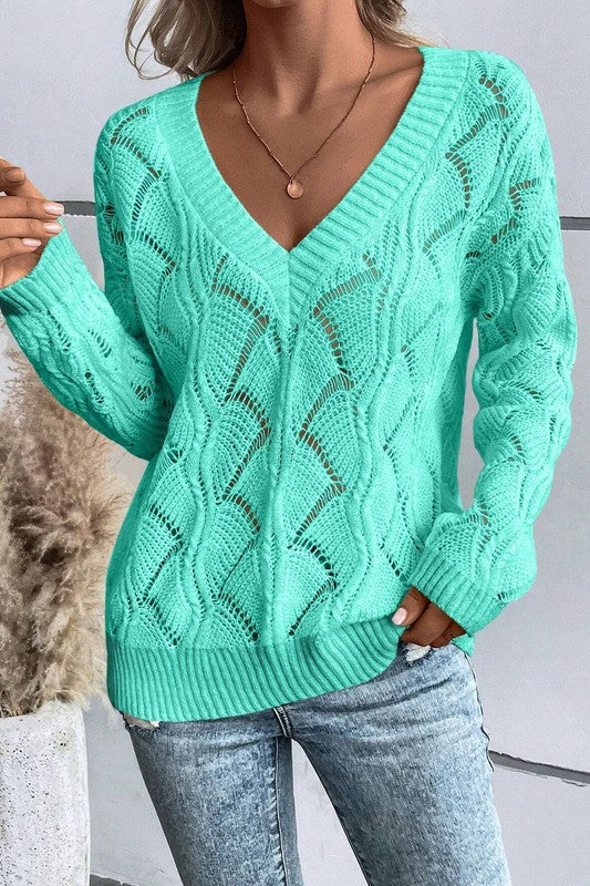 Hollow Out Knit V Neck Drop Shoulder Sweater