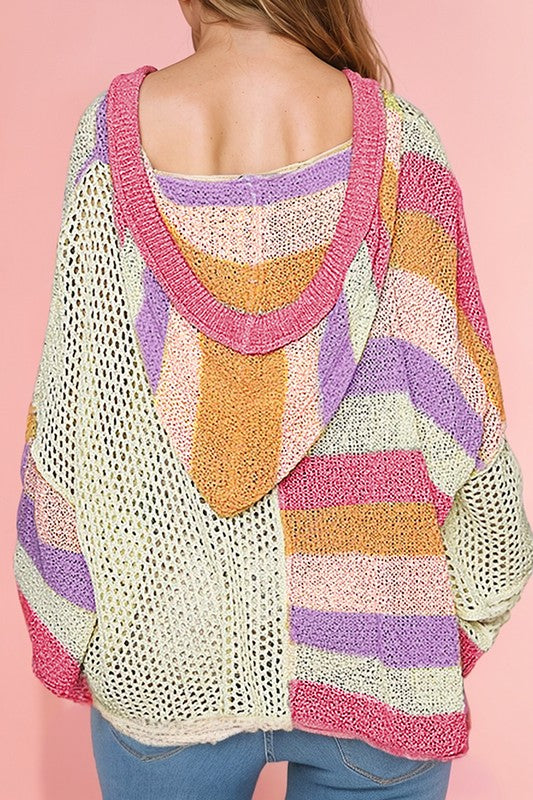 Oversized Colorblock V Neck Hooded Sweater