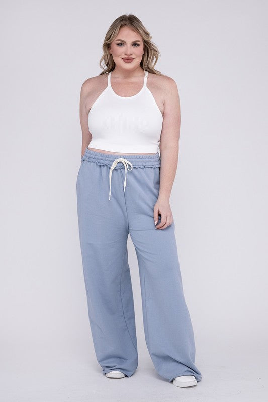 Plus F/Terry Drawstring Waist Raw Edge Hem Pants