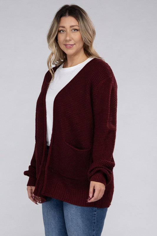 Plus Low Gauge Waffle Open Cardigan Sweater